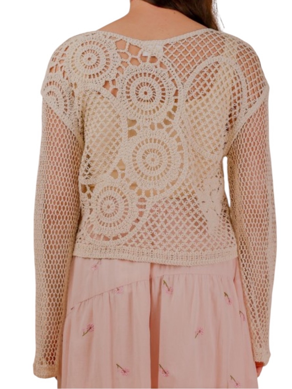 NEW IN Brand Natural Beige Boho Bell Sleeve Crochet Knit Top - Picture 5 of 9